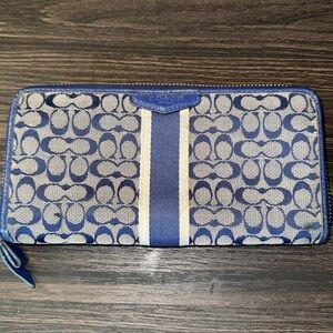 Coach accordion zipper wallet, signature Jacquard print, navy blue